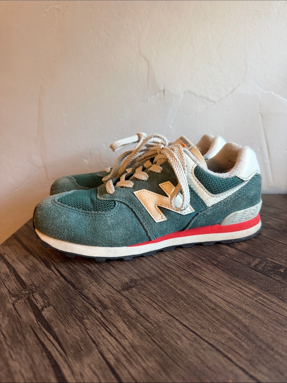Kids New Balance Classic 574 Green Suede Athletic Sneakers with Cream Accents